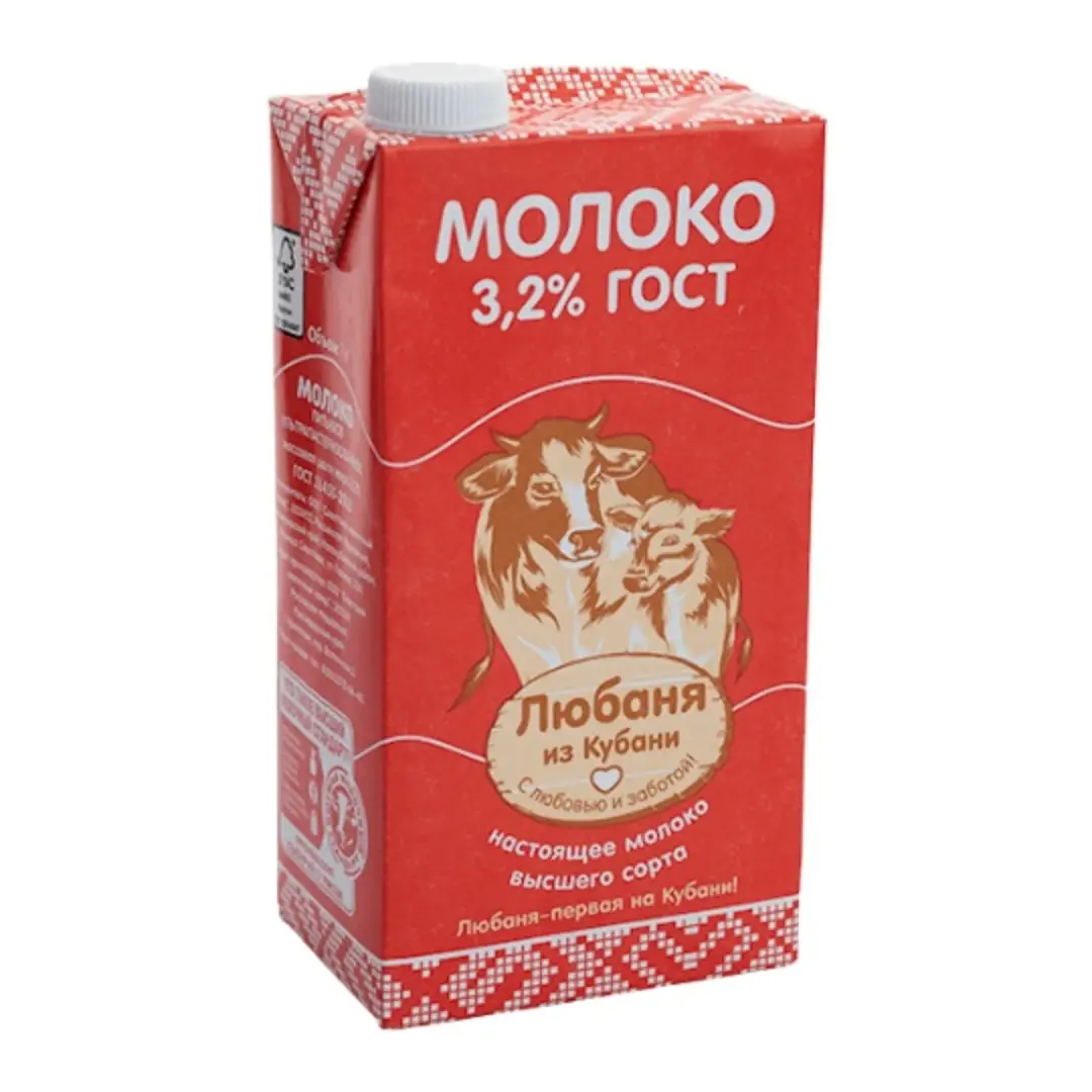 Молоко ультрапастеризованное 3,2% Любаня из Кубани 1л с крышкой, 12шт/кор купить в Донецке - СтриПсБери