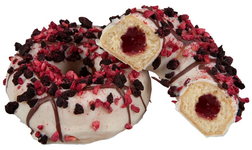 Донат с малин. начин. в белой глазури, какао-топ,красн.смород. RASPBERRY KING 77гр, 12шт/кор STOKSON купить в Донецке - СтриПсБери