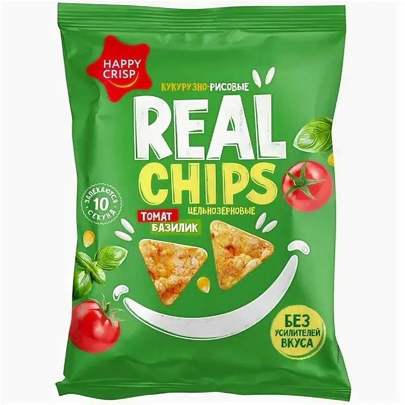 Чипсы кукурузно-рисовые со вкусом Томат и базилик HAPPY CRISP 50гр, 18шт/кор, REAL CRISP купить в Донецке - СтриПсБери